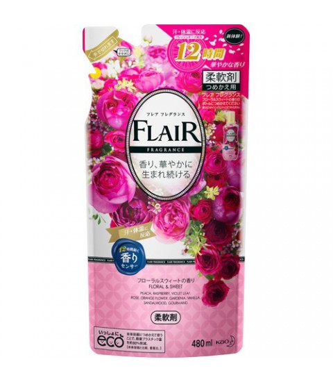 Gói nước xả mềm vải Flair KAO hương hoa 480ml - màu hồng