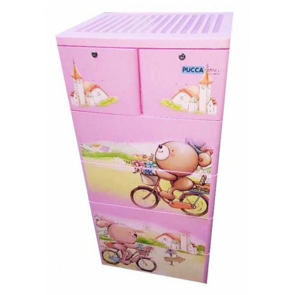 Tủ nhựa hoạt hình Song Long 5 tầng 6 ngăn - Hình gấu đạp xe màu hồng